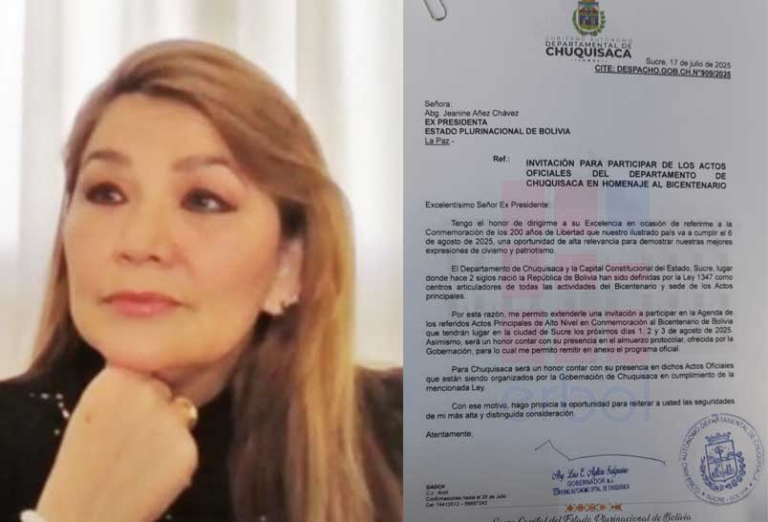 Añez recibe invitación como expresidenta para actos del Bicentenario por parte de la Gobernación de Chuquisaca